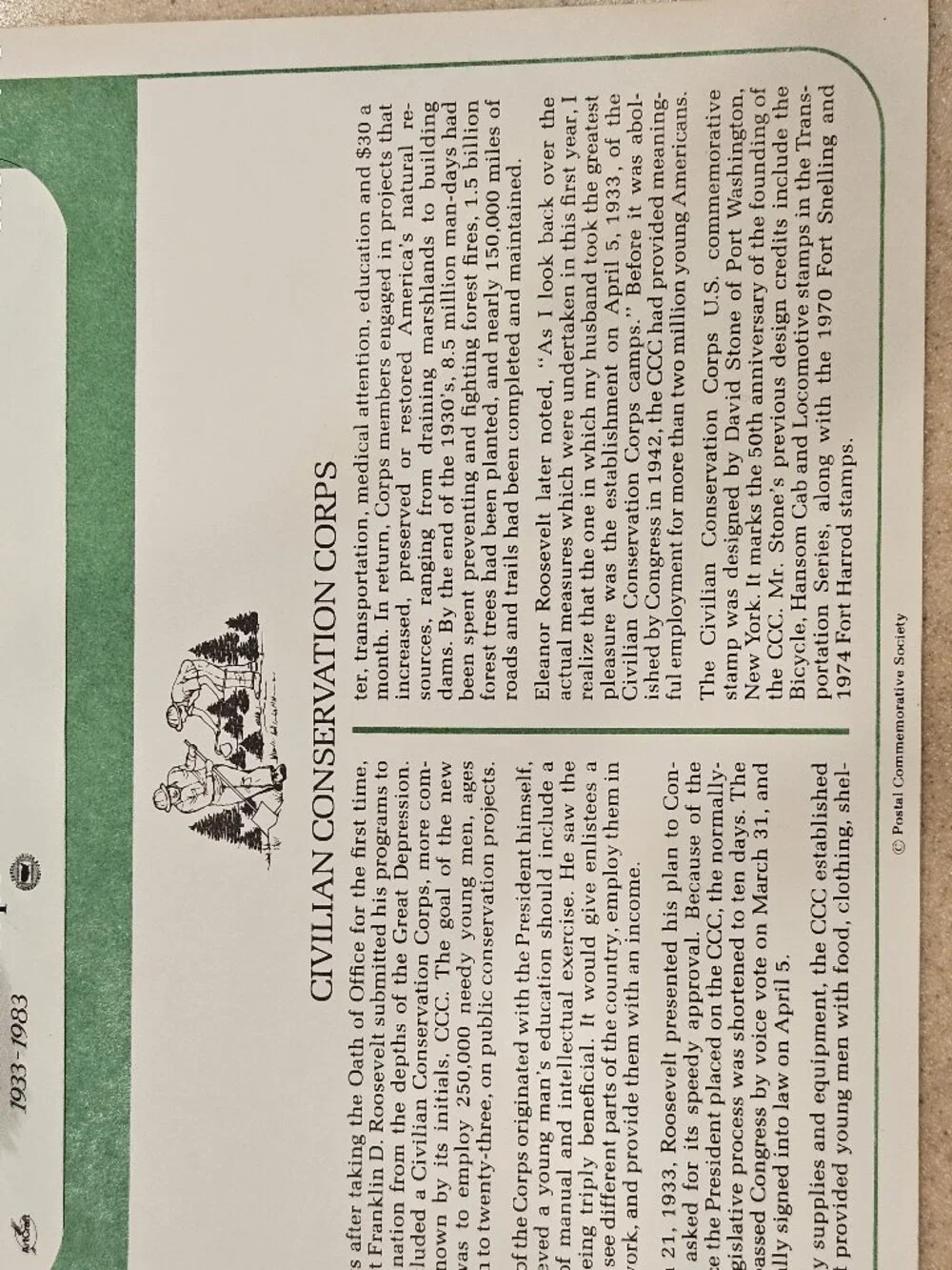 RARE COLLECTIBLE USPS 1ST DAY ISSUE COVER CIVILIAN CONSERVATION CORPS STAMP FDC